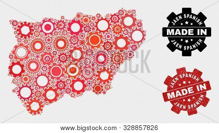Mosaic Gear Jaen Spanish Province Map And Scratched Stamp. Vector Geographic Abstraction In Red Colo
