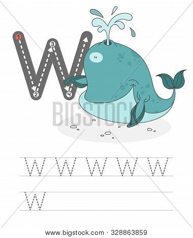 Learning To Write A Letter - W.a Practical Sheet From A Set Of Exercises Game For Kids.cartoon Funny