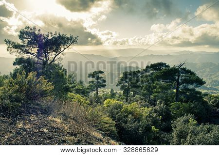 Pano Platres In Troodos Mountains, Cyprus, Clouds And Nature Forming A Landscape