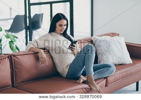 Profile Side Photo Of Concentrated Girl Use Her Smartphone Have Inline Conversation With Friends Wri