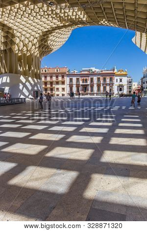Sevilla, Spain - May 14, 2019: Checkerboard Pattern On The Floor Of The Setas De Sevilla In Spain