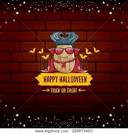 Vector Funny Cartoon Cute Dracula Potato With Fangs And Red Cape Isolated On Brick Wall Background. 
