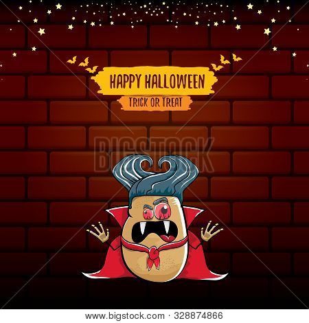 Vector Funny Cartoon Cute Dracula Potato With Fangs And Red Cape Isolated On Brick Wall Background. 