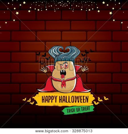 Vector Funny Cartoon Cute Dracula Potato With Fangs And Red Cape Isolated On Brick Wall Background. 