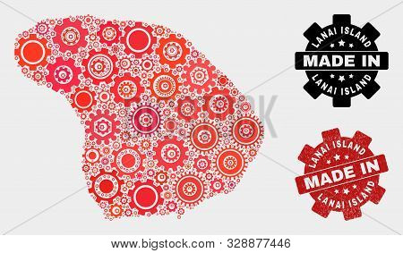 Mosaic Technical Lanai Island Map And Scratched Stamp. Vector Geographic Abstraction In Red Colors. 