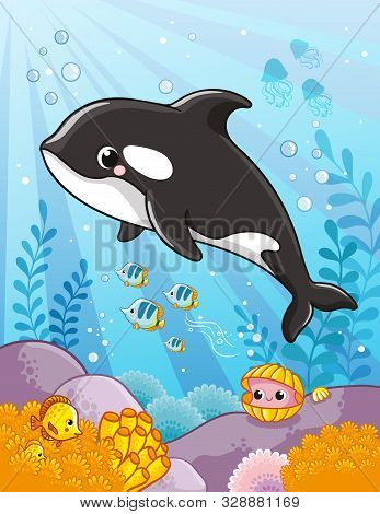 Cute Killer Whale In Cartoon Style. Aquatic Art