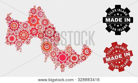 Mosaic Technical Tilos Island Map And Grunge Stamp. Vector Geographic Abstraction In Red Colors. Mos