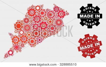 Mosaic Technical Odisha State Map And Grunge Seal. Vector Geographic Abstraction In Red Colors. Mosa