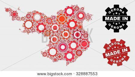 Mosaic Technical Gerona Province Map And Scratched Stamp. Vector Geographic Abstraction In Red Color