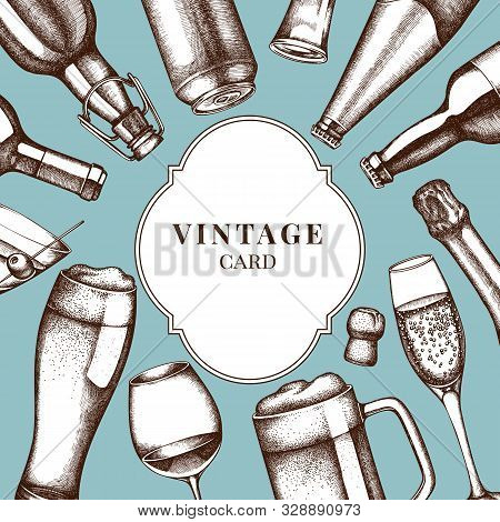 Badge Over Design With Glass, Champagne, Mug Of Beer, Alcohol Shot, Bottles Of Beer, Bottle Of Wine,