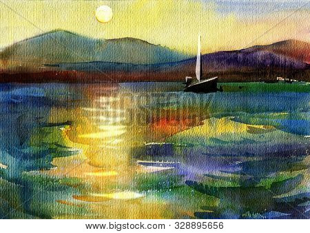 Etude Seascape. Red Sunset. Sea, Mountains And Ship. Watercolor Drawing.