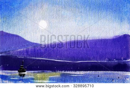 Etude Seascape Sunset. Cold Sea And Mountains And Ship. Watercolor Drawing.