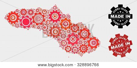 Mosaic Industrial Sumba Island Map And Scratched Stamp. Vector Geographic Abstraction In Red Colors.