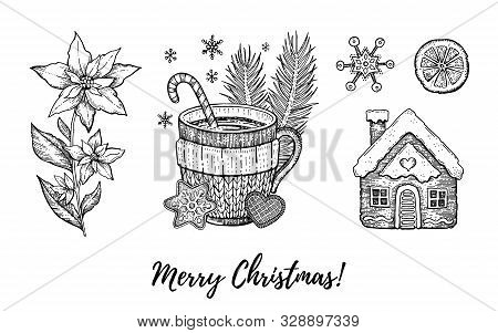 Christmas Hand Drawn Doodle Icon Set. Merry Xmas, Happy New Year Symbol, Retro Sketch. Cute Poinsett