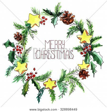Ccard Christmas Wreath. Fir Branches, Cones, Stars, Holly Berries. Decorative Element Postcard. Sket