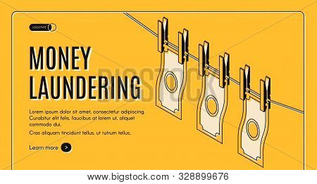 Money Laundering Machinations Isometric Web Banner Or Landing Page Template. Washed And Clean Bankno