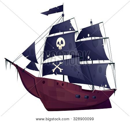 Cartoon Pirate Ship Isolated On White Background. Wooden Boat With Black Sails, Cannons And Sailyard