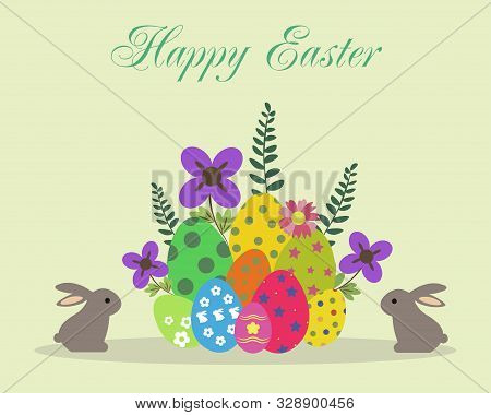 Happy Easter. Colorful Easter Eggs And Bunnies On A Light Green Background. Postcard. Background. Ba