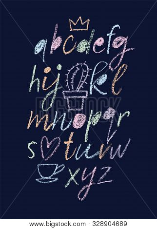 Handwritten Font. Script. Latin Calligraphic Set With Numbers And Punctuation Written With Chalk. Ch