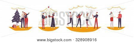Christmas Set. People Take Selfie With Christmas Tree. Collection Of Happy Workers Jollify Together 