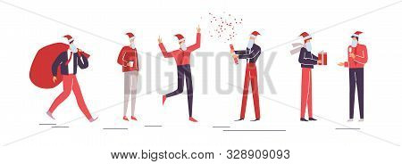 Businessmen Christmas Set. Men Make Merry Together. Collection Of Happy Workers Jollify At Corporate