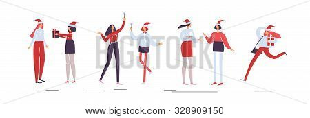 Businesswomen Xmas Set. Women Make Merry Together. Collection Of Happy Workers Jollify At Corporate 