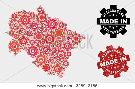 Mosaic Gear Uttarakhand State Map And Grunge Stamp. Vector Geographic Abstraction In Red Colors. Mos