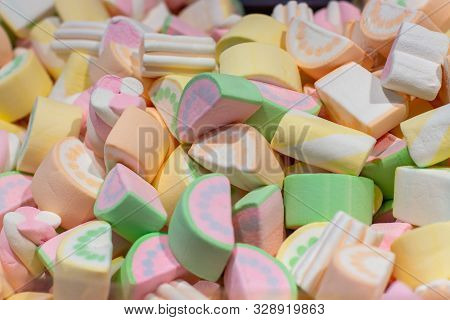 Aerial Marshmallows In The Shape Of A Watermelon Slice Pink Yellow Green, Close-up Background Wallpa