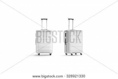 Blank White Luggage With Handle Mock Up Stand Isolated, 3d Rendering. Empty Carryon For Travel Mocku