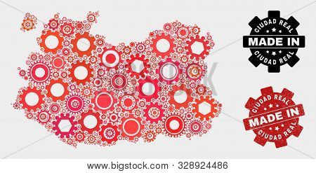 Mosaic Gear Ciudad Real Province Map And Textured Seal. Vector Geographic Abstraction In Red Colors.