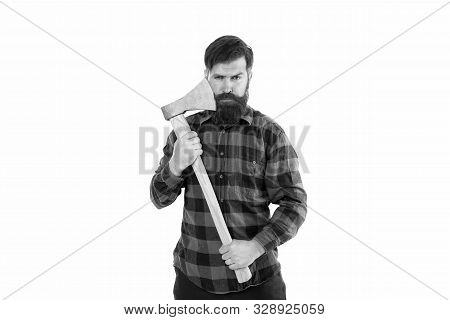 Brutal And Bearded. Brutal Lumberjack Hold Axe Isolated On White. Hipster Keep Sharp Axe Blade At Be