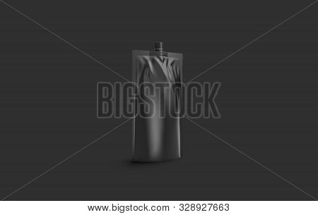 Blank Black Sause Doy Pack Mock Up, On Dark Background, 3d Rendering. Empty Sealed Barbecue Parcel W