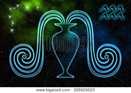 Zodiac Signs. The Astrological Sign Of The Zodiac Is Aquarius, Against The Background Of Outer Space