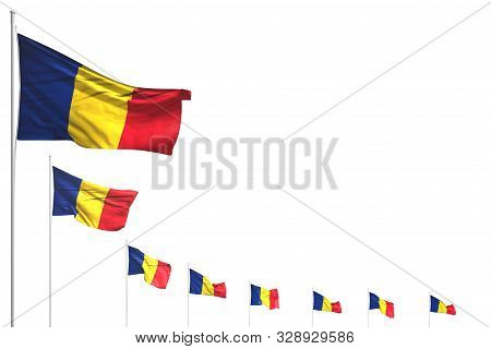 Pretty Many Romania Flags Placed Diagonal Isolated On White With Space For Your Content - Any Holida