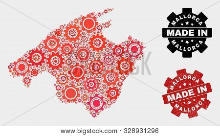 Mosaic Technical Mallorca Map And Textured Stamp. Vector Geographic Abstraction In Red Colors. Mosai