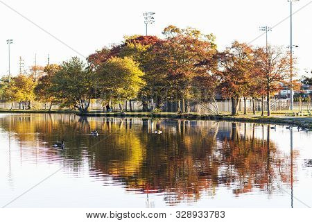 Autumn View Of Colorful Trees Around Argyle Lake In Babylon Village Reflecting In The Waer As The Ea
