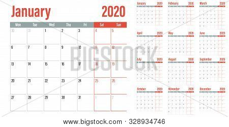 Calendar Planner 2020 Template Vector Illustration All 12 Months Week Starts On Monday And Indicate 