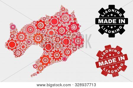 Mosaic Gear Liaoning Province Map And Grunge Stamp. Vector Geographic Abstraction In Red Colors. Mos