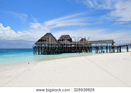 Kendwa, Tanzania - October 3, 2019: Blue Transparent Water And White Sand Beach, Kendwa Resort, Zanz