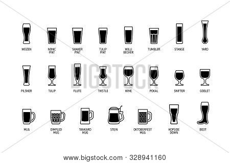Beer Glasses With Titles, Black And White Icons. Vector