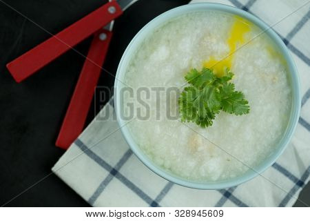 Congee With Minced Pork. Breakfast Food Concept.