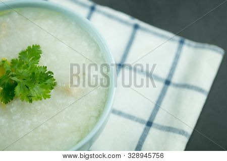 Congee With Minced Pork. Breakfast Food Concept.