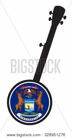 A Typical Five String Banjo In Silhouette On A White Background Woth The Icon From The State Flagl O