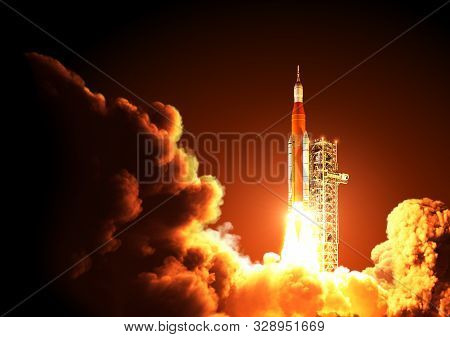 Space Launch System Takes Off At Night. 3d Illustration.