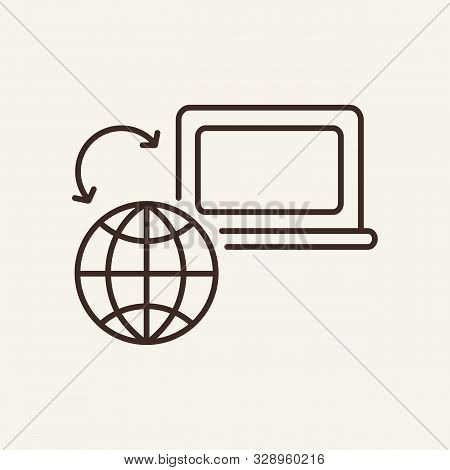 Global Computer Network Line Icon. Laptop, Planet, Connection. Communication Service Concept. Vector