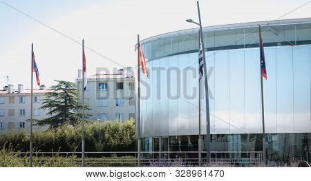 Architectural Detail Of The Modern Thalie Theater In  Montaigu, France