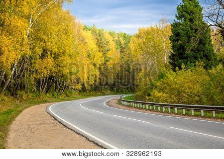 Highway With A Beautiful Turn. Autumn Palette