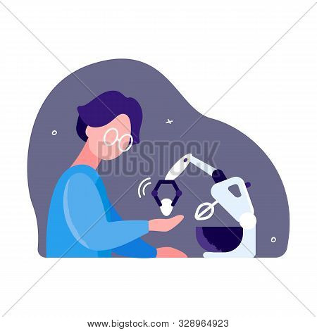 Development Of New Electrical Appliances. Inventor Activity Concept. A Man Is Testing Kitchen Mixer 