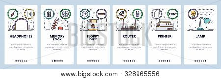 Mobile App Onboarding Screens. Computer Hardware And Electronics, Wireless Router, Headphones, Flash