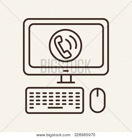 Computer Call Line Icon. Computer, Screen, Handset. Communication Service Concept. Vector Illustrati